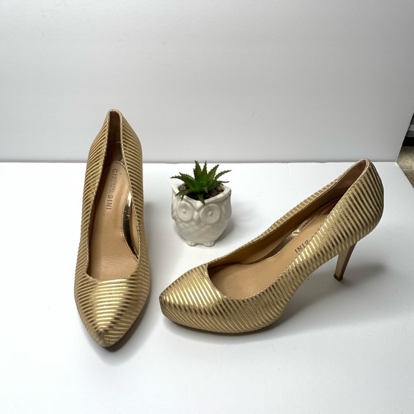 GIANNI BINI Gold Striped Closed Toe Pumps Heels - Picture 2 of 4